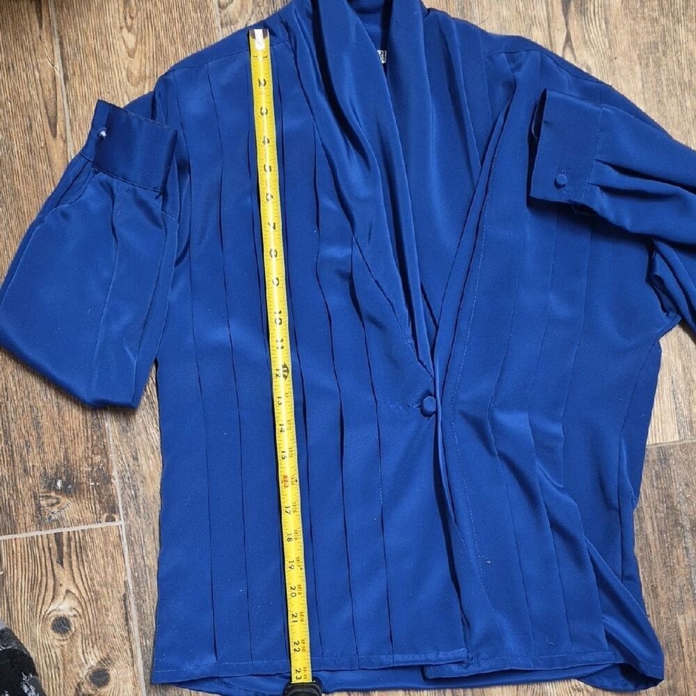 Vintage Marlis 80s Padded Shoulder Blouse Royal Blue Wrap Top Petite Small PS 90 - Picture 13 of 13